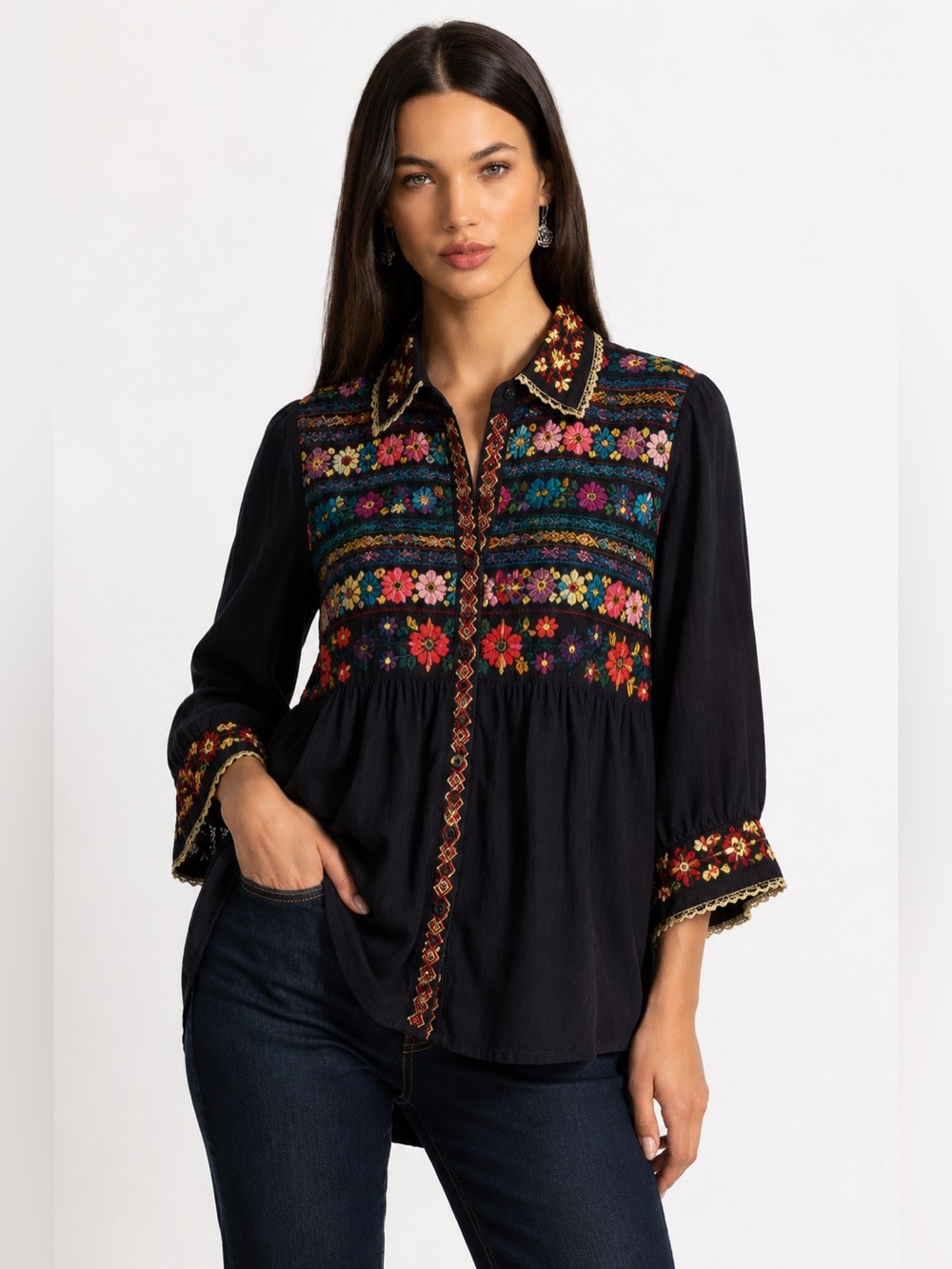 Johnny Was Embroidered Floral Button Down Boho Tunic Blouse Women Size L